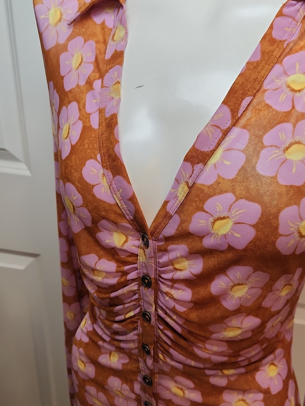 Free People Brown And Lavender Floral Long Sleeve Sheer Button Down Shirt Size S - Picture 3 of 11